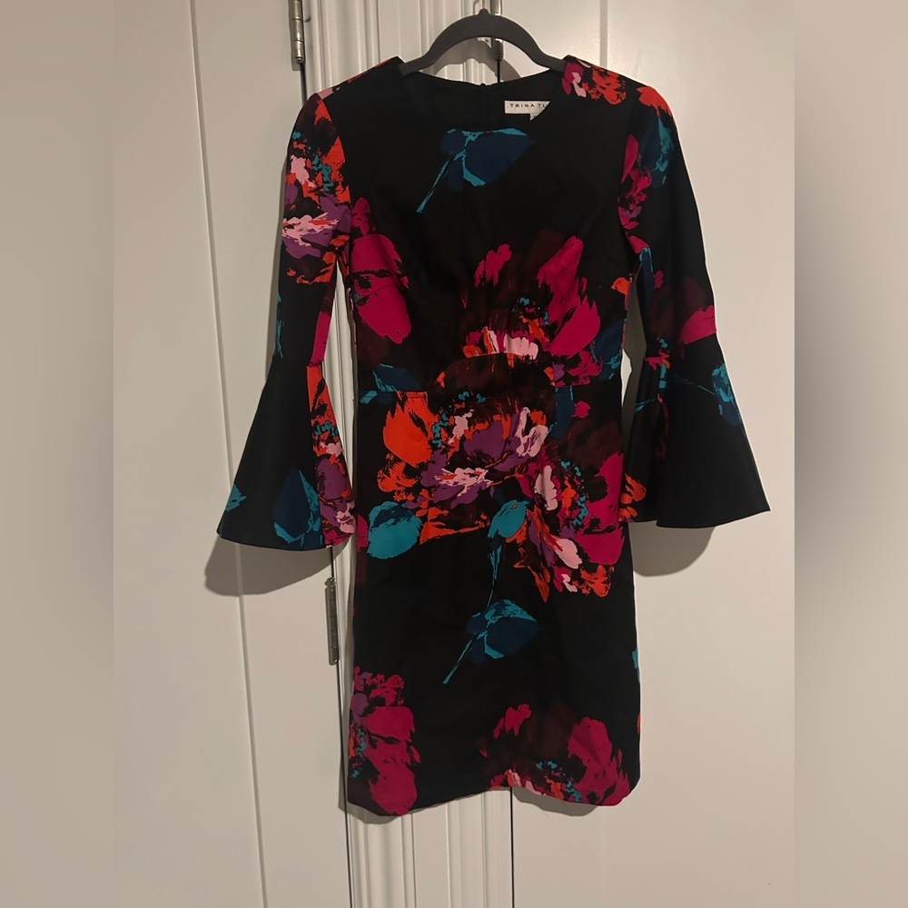 Trina Turk Splendid Black and Pink Floral Long Bell Sleeve Dress